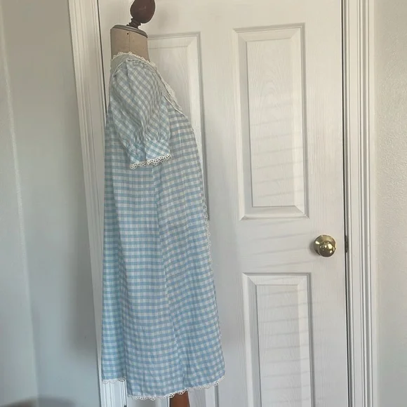 Vintage gingham lace check nightgown housecoat dress duster robe cottage core M - Picture 4 of 10